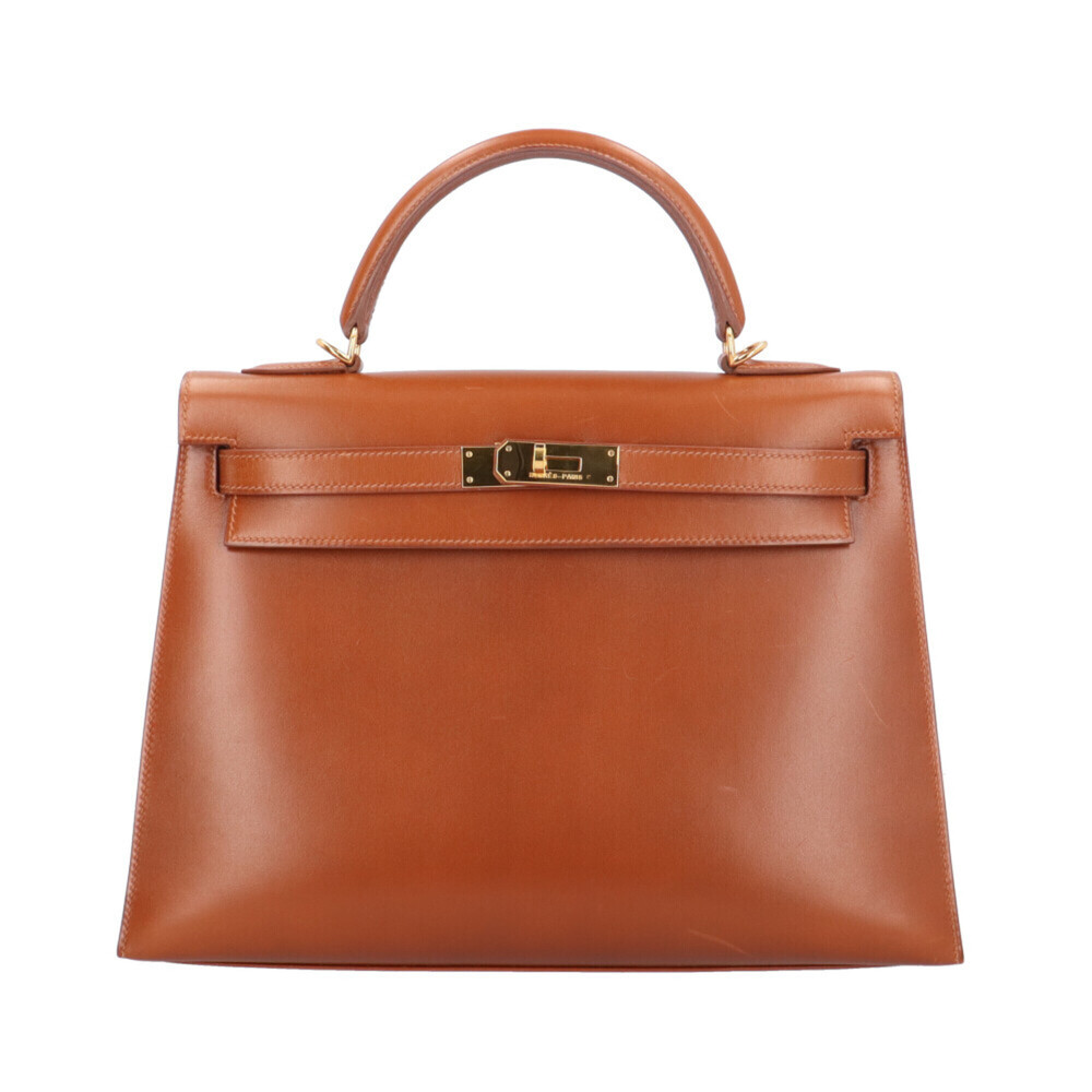 Hermes Kelly 32, external stitching, handbag, box calf leather, brown, women'...